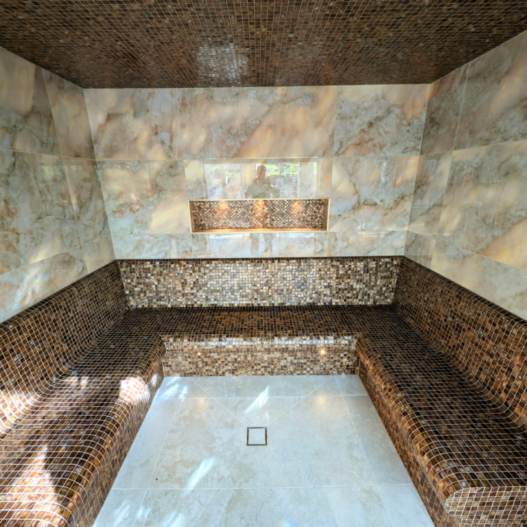 Tiling a ceiling with mother of pearl mosaics