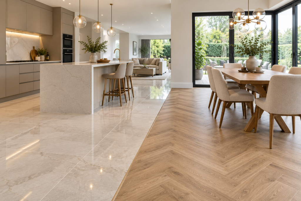 Modern Tiled Kitchen and Herringbone Dining Space